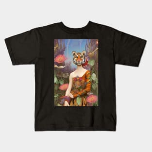 Cool dream and surreal floral design with flowers a girl and tiger Kids T-Shirt